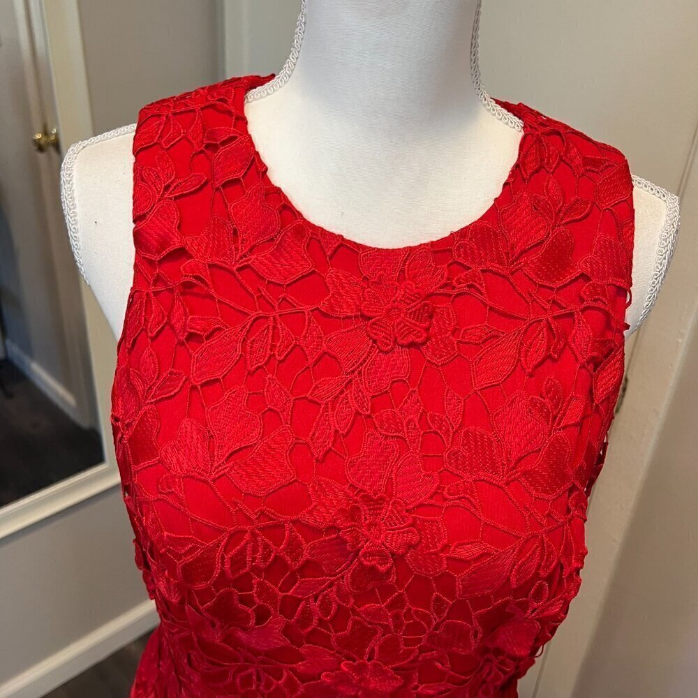 Betsy & Adam Red Crochet Lace Tulip Illusion Hem Cocktail Dress, Size 12 - Picture 3 of 16